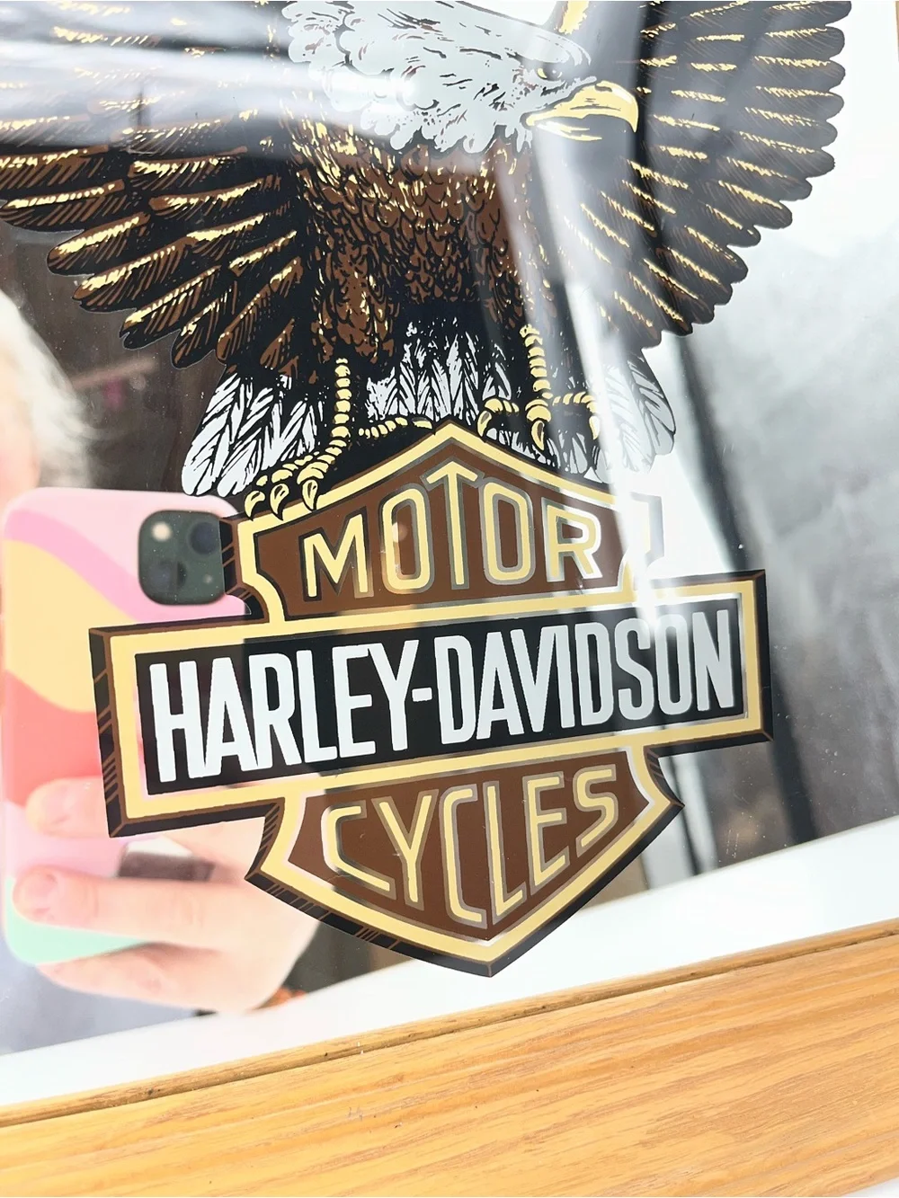 Vintage Harley-Davidson Bar Framed Wall 0820 Mirror logo 90s 80s wood eagle